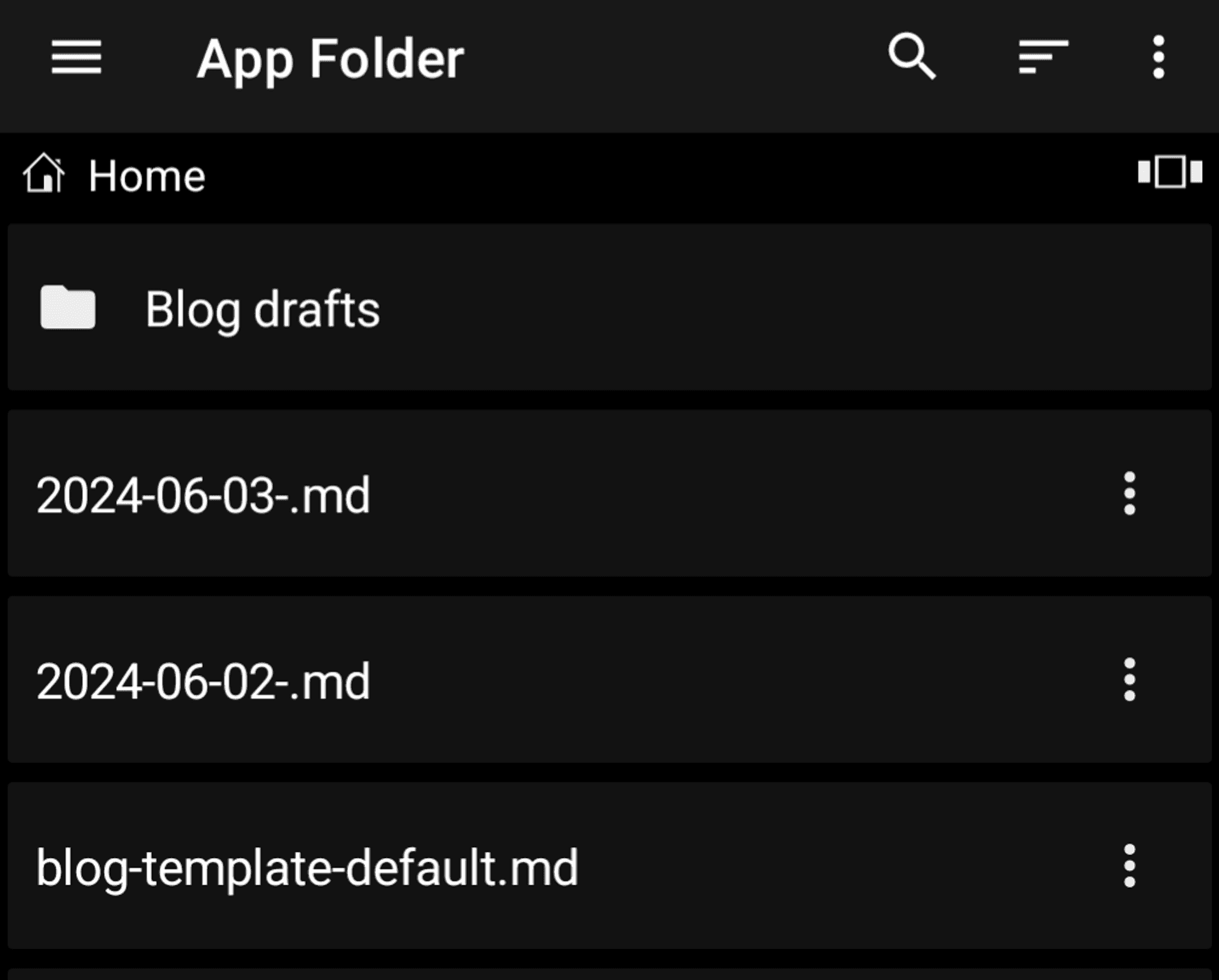 Screenshot of the Zettel Notes app on Android. Shows the main "App Folder" directory listing where I keep my blog drafts and templates.