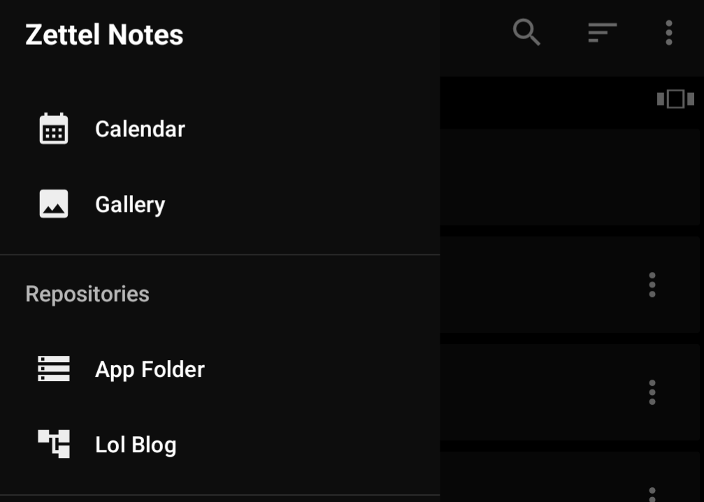 Zettel Notes screenshot on Android. Shows a portion of the side menu.